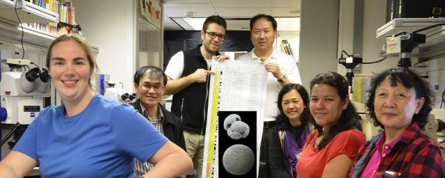 图片说明：349航次古生物学家全家福，东方卫视记者汤昊鹏摄。左起：Elizabeth Brown（有孔虫，美国南弗罗里达大学），李前裕（有孔虫，中国yl23411永利），Ivan Ameida（放射虫，瑞士伯尔尼大学），刘传联（钙质超微化石，中国yl23411永利），Alyssa Alampay（钙质超微化石，菲律宾大学），Renata Nagai（有孔虫，巴西圣保罗大学），苏新（钙质超微化石，中国地质大学）。中间两位拉起来的是我们的工作标准—2012国际地质年代表，下面叠加第四纪有孔虫显微照片，泡拟抱球虫和圆球虫，最大壳径400微米